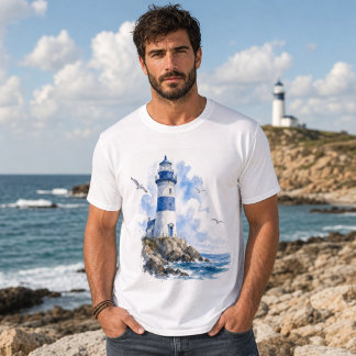 Lighthouse Coastal Blå och Vit Herr T Shirt