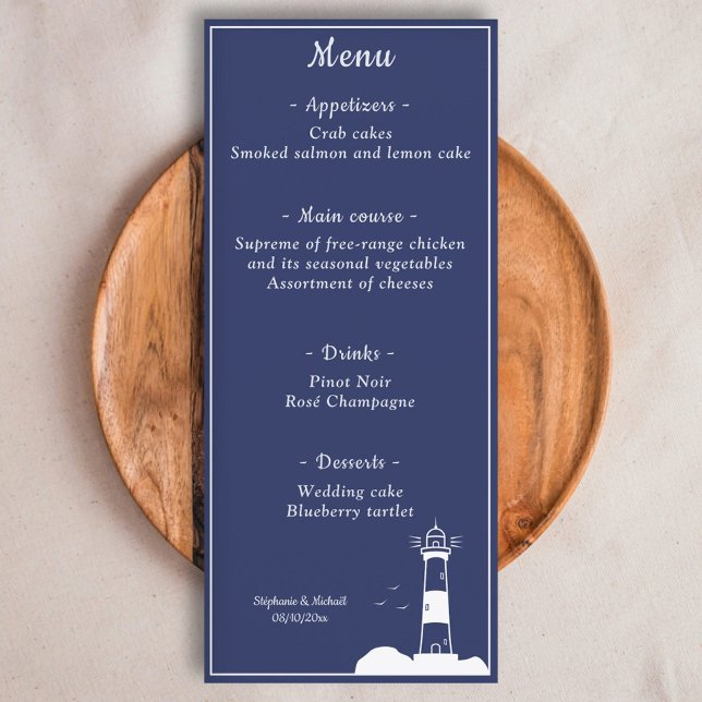 Lighthouse Navy Blue Bröllop Menu Meny (Lighthouse Navy Blue Wedding Menu)