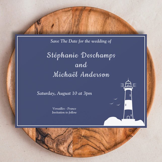 Lighthouse Navy Blue Bröllop spara datum Inbjudningar (Lighthouse Navy Blue Wedding Save The Date Invitation)