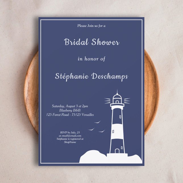 Lighthouse Navy Blue Inbjudningskort för möhippan (Lighthouse Navy Blue Bridal Shower Invitation)