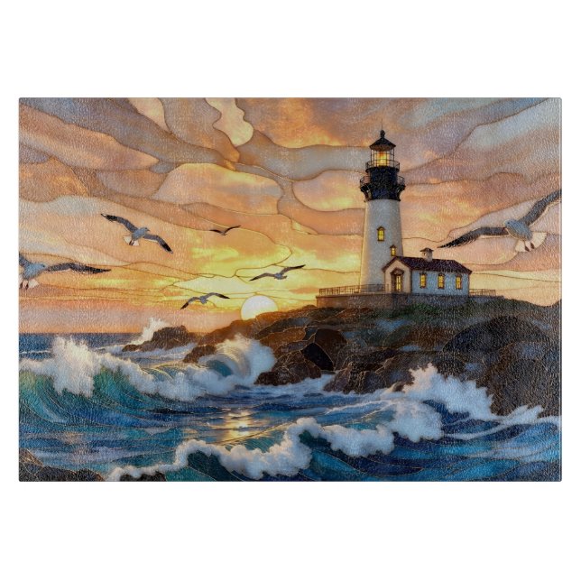 Lighthouse Ocean Sunset Cutting Board Coastal Art (Framsidan)