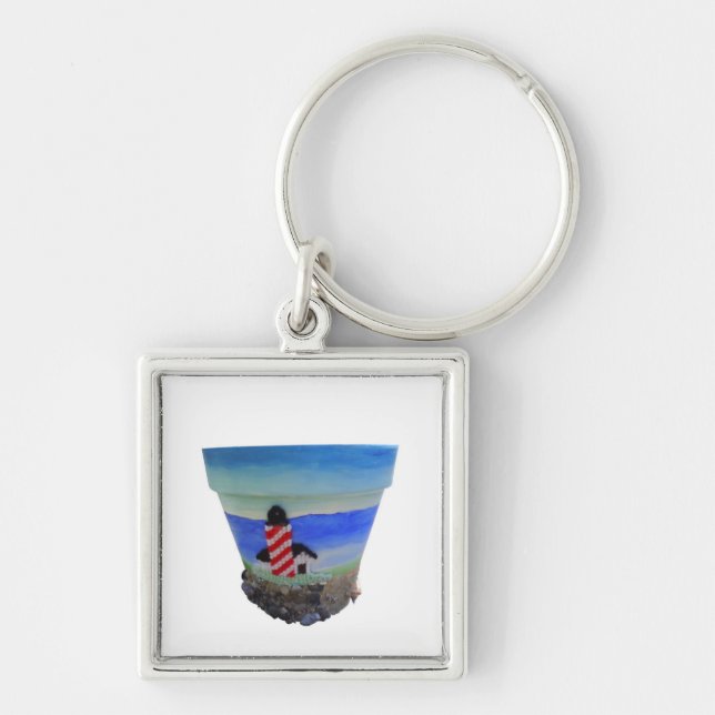 Lighthouse Ocean View Clay Pot Key Chain  Fyrkantig Silverfärgad Nyckelring (Framsidan)