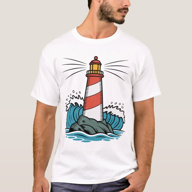 Lighthouse Ocean Waves Design – Nautical Coastal  T Shirt (Framsida)