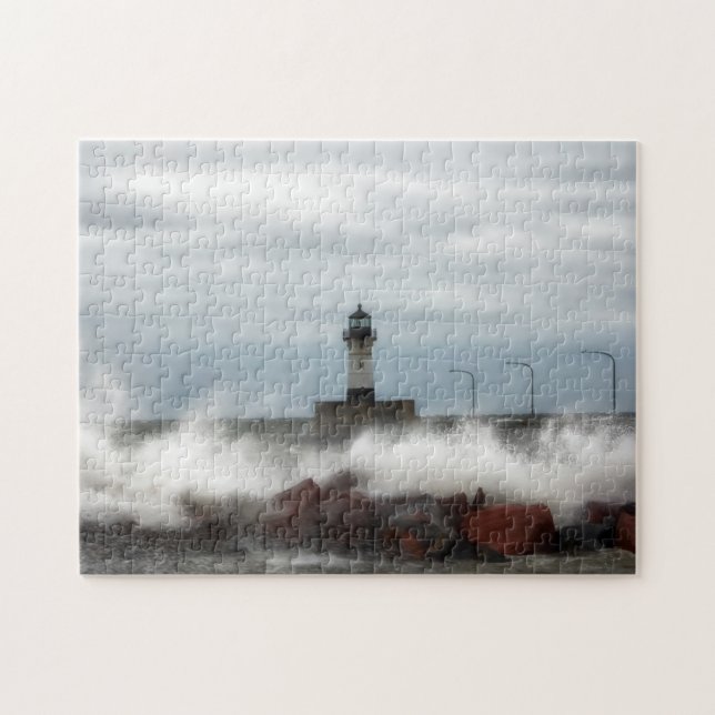 Lighthouse och Vågar Duluth Minnesota Jigszon Puz Pussel (Horisontell)