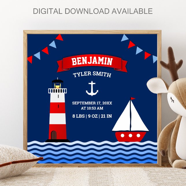 Lighthouse Sailboat Nautical Baby Boy Birth Stats Poster (Skapare uppladdad)