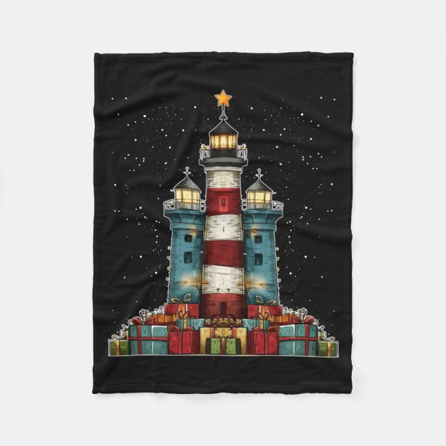 Lighthouse Seaside Christmas Tree Xmas Long Sleeve Fleecefilt (Framsidan)