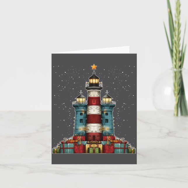Lighthouse Seaside Christmas Tree Xmas Long Sleeve Kort (Framsida)