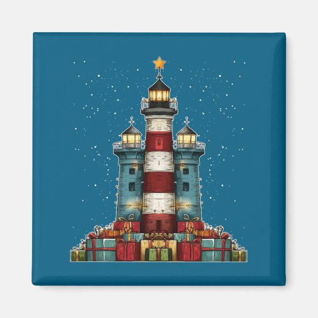 Lighthouse Seaside Christmas Tree Xmas Long Sleeve Magnet (Framsidan)