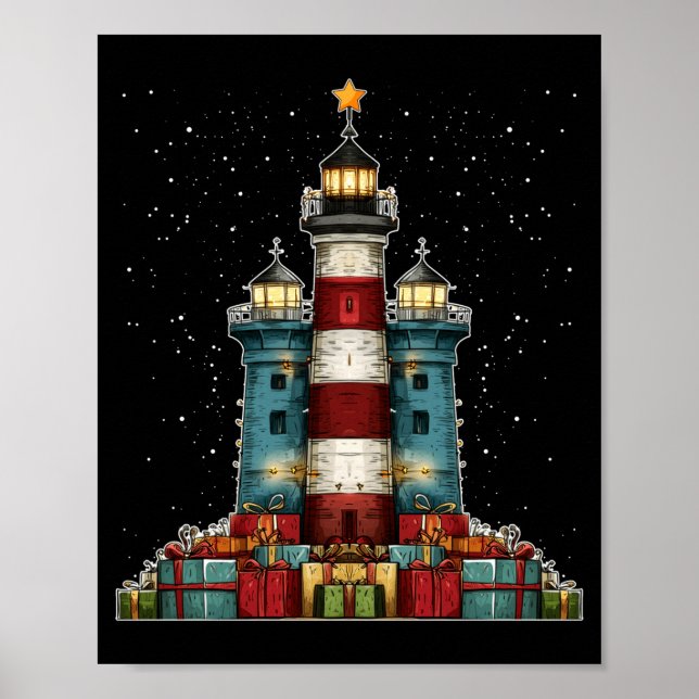 Lighthouse Seaside Christmas Tree Xmas Long Sleeve Poster (Framsidan)