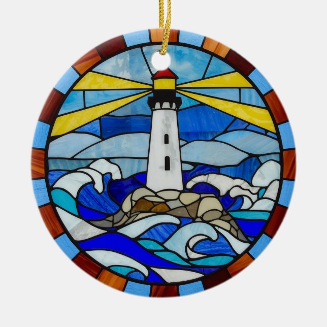 Lighthouse Stained Glass Design Julgransprydnad Keramik (Framsidan)