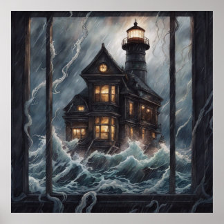 Lighthouse Stormy Night Poster