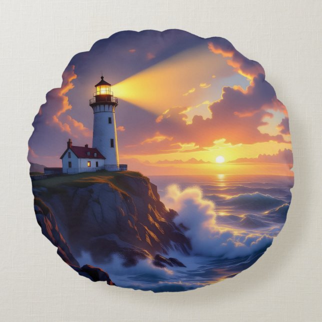 Lighthouse Sunset Pillow Rund Kudde (Framsidan)