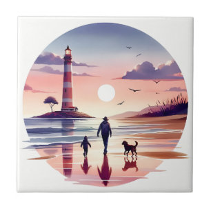 Lighthouse Sunset Walk Coastal Scene Kakelplatta