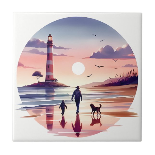 Lighthouse Sunset Walk Coastal Scene Kakelplatta (Framsidan)