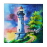 Lighthouse Under a Starry Sky Kakelplatta<br><div class="desc">Ceramic tile in a watercolor style portrait of a lighthouse standing tall under a vibrant,  star-filled night sky. Surrounded by lush green trees and soft grassy hills,  its golden light glows warmly,  creating an atmosphere that evokes wonder and tranquility.</div>