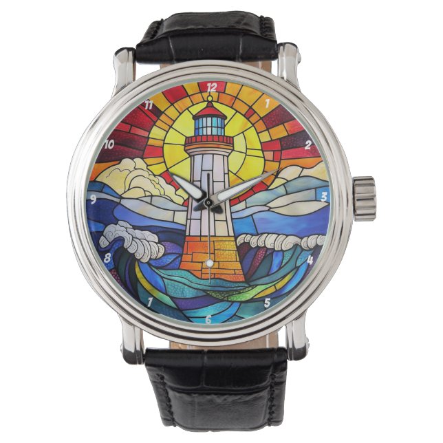 Lighthouse Waves Sunset Stained Glass Armbandsur (Framsida)