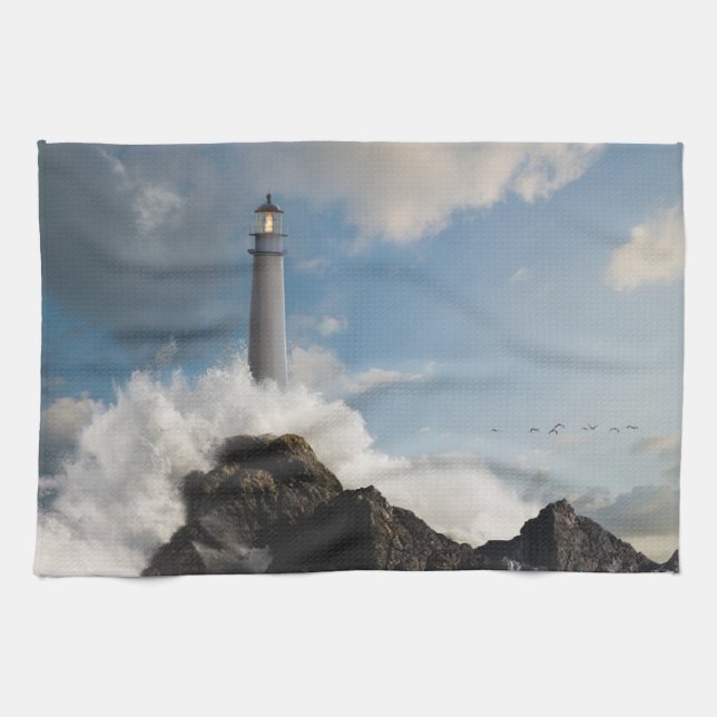 Lighthouses | Lighthouse With Crashing Waves Kökshandduk (Horisontell)
