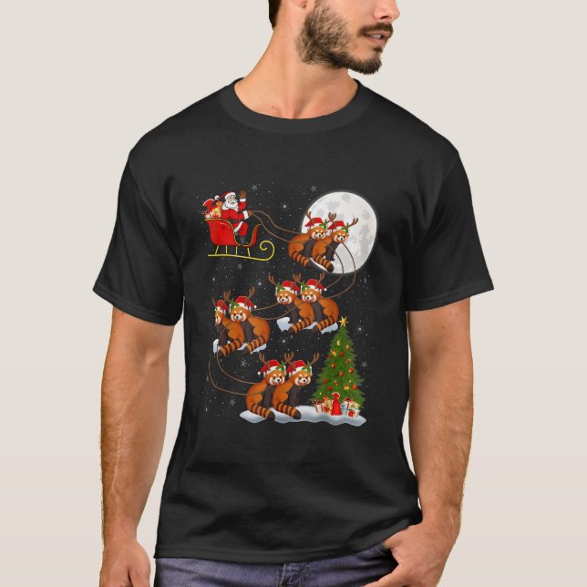 Lighting Tree Santa Riding Red Panda T Shirt (Framsida)