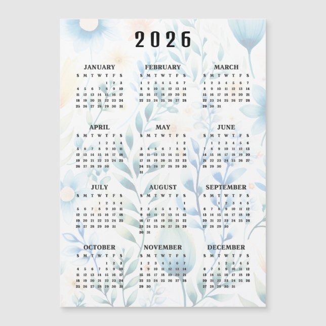 Lightly Floral Design 2026 Calendar Magnetic Card (Framsida)