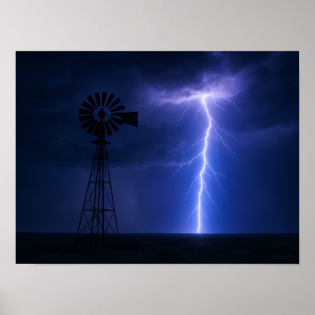 Lightning Strike Windmill Poster - Dramatic Texas  (Framsidan)