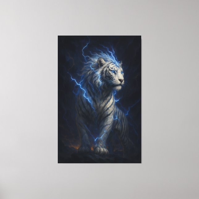 Lightning White Tiger – Electric Storm Fantasy Art Canvastryck (Framsida)