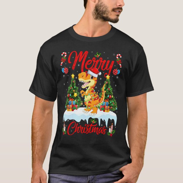 Lights Xmas Tree Santa Allosaurus Dinosaur Christm T Shirt (Framsida)