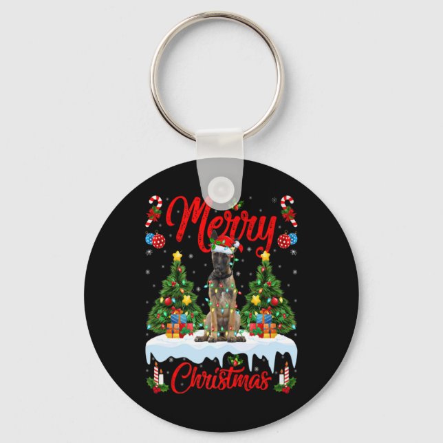 Lights Xmas Tree Santa Belgian Malinois Dog Christ Nyckelring (Framsida)