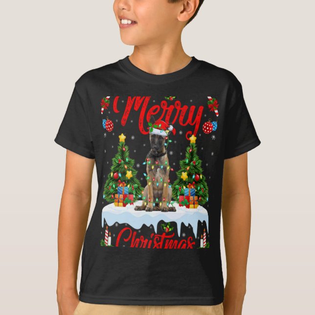 Lights Xmas Tree Santa Belgian Malinois Dog Christ T Shirt (Framsida)