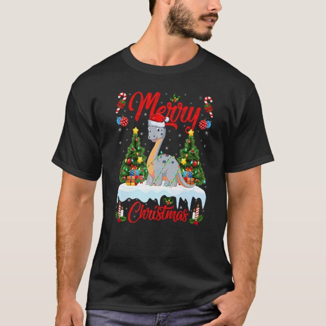 Lights Xmas Tree Santa Diplodocus Dinosaur Christm T Shirt (Framsida)