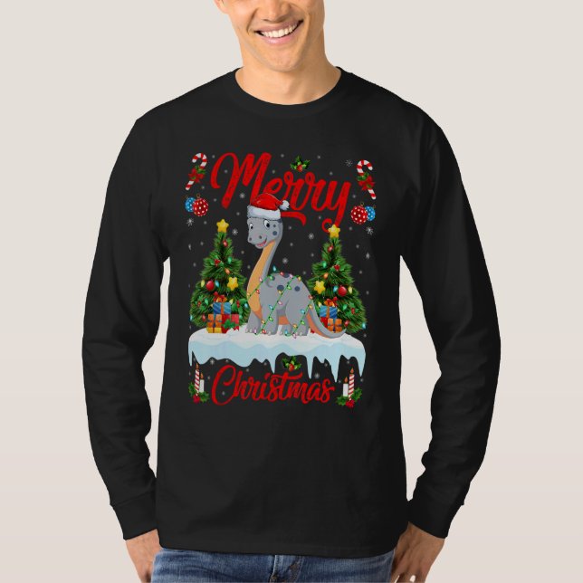 Lights Xmas Tree Santa Diplodocus Dinosaur Christm T Shirt (Framsida)