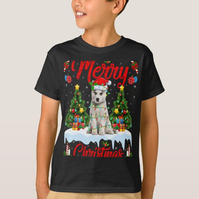 Lights Xmas Tree Santa Siberian Husky Dog Christma T Shirt (Framsida)