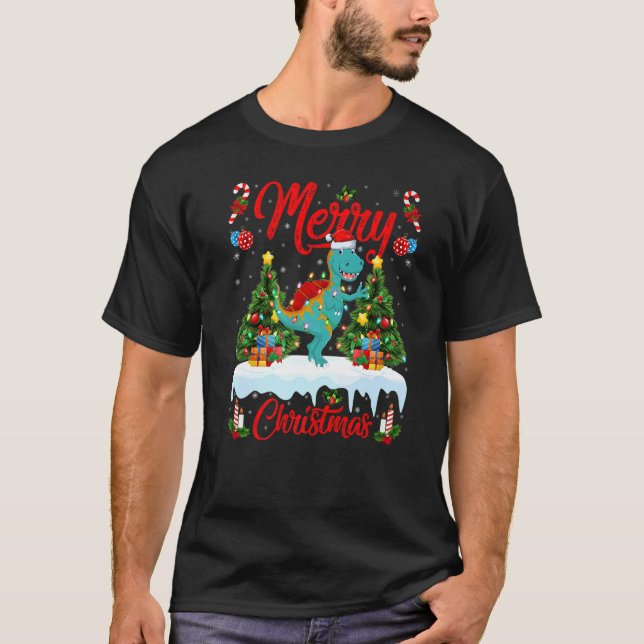 Lights Xmas Tree Santa Spinosaurus Dinosaur Christ T Shirt (Framsida)