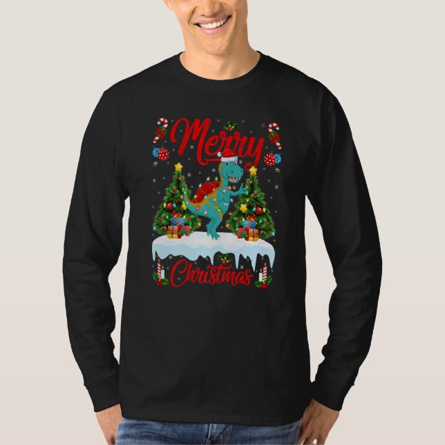 Lights Xmas Tree Santa Spinosaurus Dinosaur Christ T Shirt (Framsida)