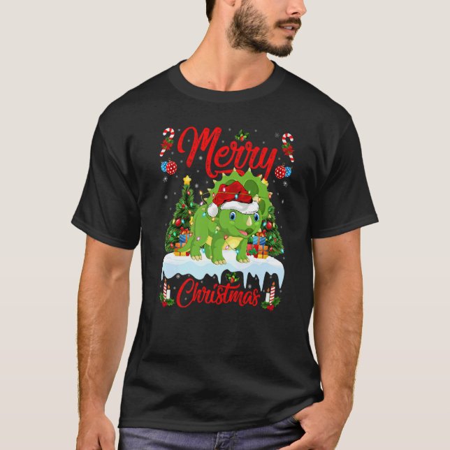 Lights Xmas Tree Santa Triceratops Dinosaur Christ T Shirt (Framsida)