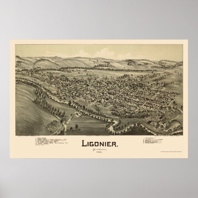 Ligonier, PA Panoramic Karta - 1900 Poster (Framsidan)