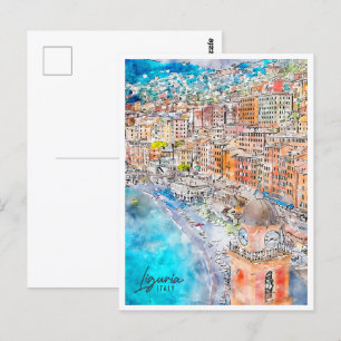 Liguria Italien Travel Ställe Watercolor Vykort