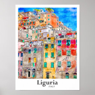 Liguria Italien Travel Watercolor Hand plockade Poster