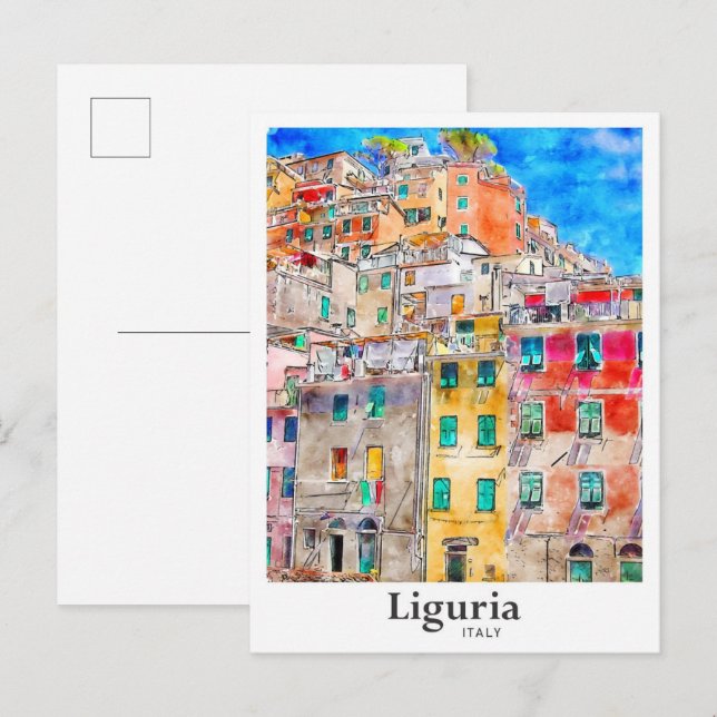Liguria Italien Travel Watercolor Hand plockade Vykort (Fram/baksida)