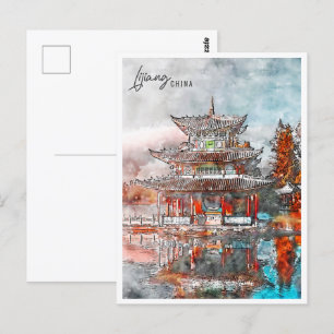 Lijiang China Travel Ställe Watercolor Vykort