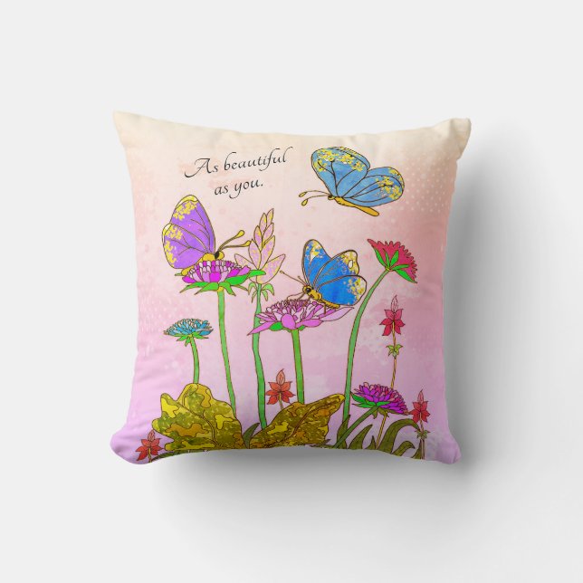 Lika vacker som du Rosa blommor & blå fjäril Kudde (Framsida)