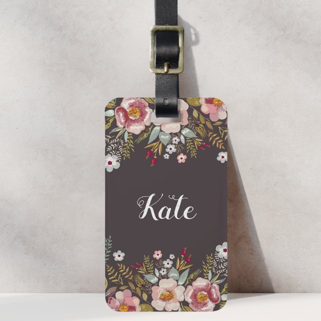 Liksom rosa blomster beige brun Anpassat namn Bagagebricka (Skapare uppladdad)