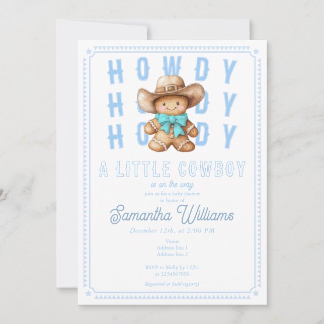 "Lil Cowboy Gingerbröd jul Blue Baby Shower Inbjudningar (Framsida)