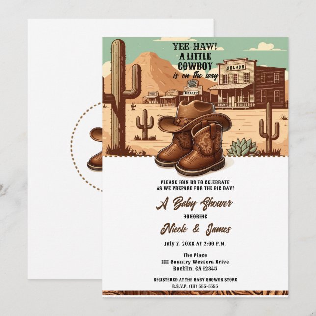 Lil Cowboy Land Westerna Boots + Hat Baby Shower Inbjudningar (Fram/baksida)