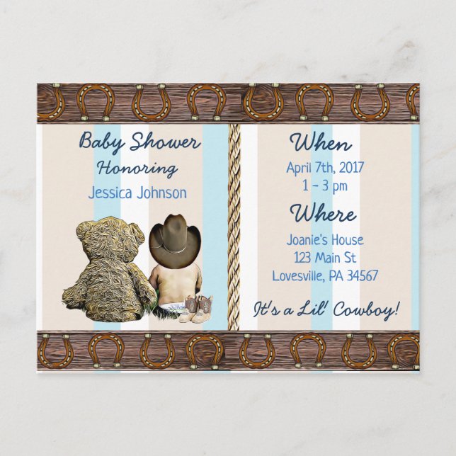 Lil Cowboy Pojke och Nalle Baby Shower Inbjudan Vykort (Framsida)