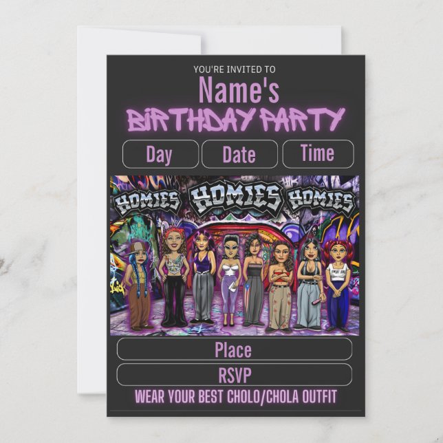 Lil Homies Chicanas Party Invitation 90s Theme Inbjudningar (Framsida)
