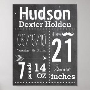 Lil Man Mustache Chalkboard Boy Baby Stat Arrow Poster