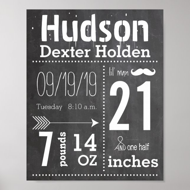 Lil Man Mustache Chalkboard Boy Baby Stat Arrow Poster (Framsidan)