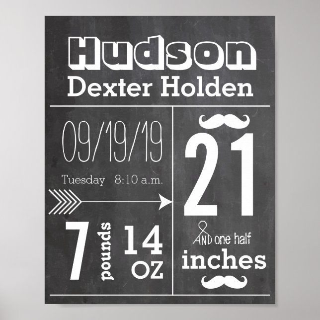 Lil Man Mustache Chalkboard Boy Baby Stat Arrow Poster (Framsidan)