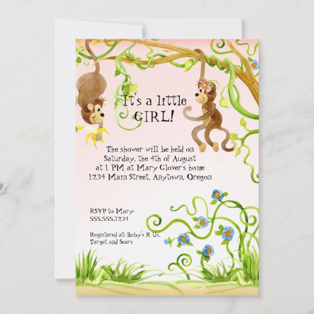 Lil Monkey, Baby Shower-inbjudan till flicka Inbjudningar (Framsida)