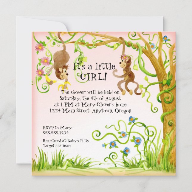 Lil Monkey, Baby Shower-inbjudan till flicka Inbjudningar (Framsida)